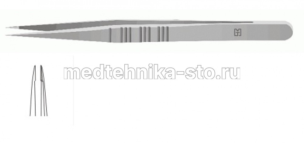Пинцет м/х прямой 130 мм, пл.р., р.ч. 0,3 мм, плат.6 мм